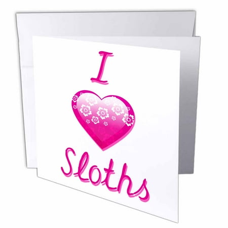3dRose Pretty Pink Flowery I Love Sloths, Greeting Cards, 6 x 6 inches, set of 6