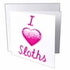 3dRose Pretty Pink Flowery I Love Sloths, Greeting Cards, 6 x 6 inches, set of 6