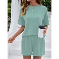 thumbnail image 5 of Women 2 Piece Shorts Set Casual Summer Outfits Ribbed Loose Short Sleeve Matching Lounge Sets Light Green XXL, 5 of 8