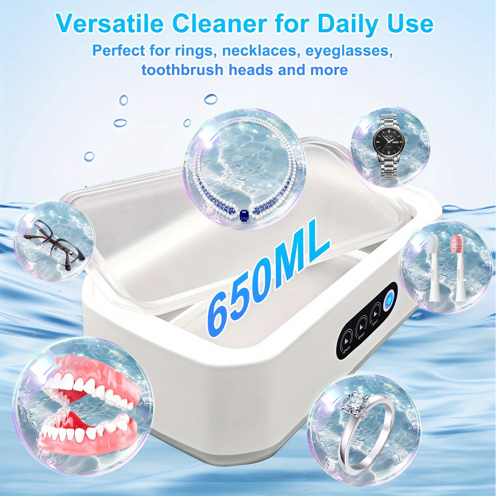 Ultrasonic Jewelry Cleaner,3 Time Modes 50KHz 21OZ Ultrasonic Cleaner Machine for Rings,Glasses,Watch,Makeup Brush