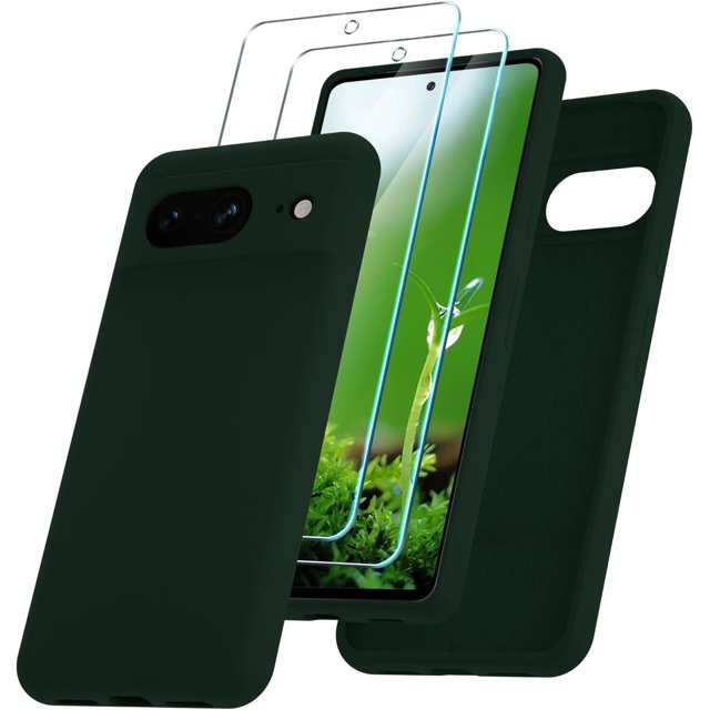 KOMI for Google Pixel 8 Case, Silicone Phone Case with 2 Screen Protector, Soft Anti-Scratch Microfiber Lining, Full Body Shockproof Slim Cover Support Wireless Charging, DarkGreen