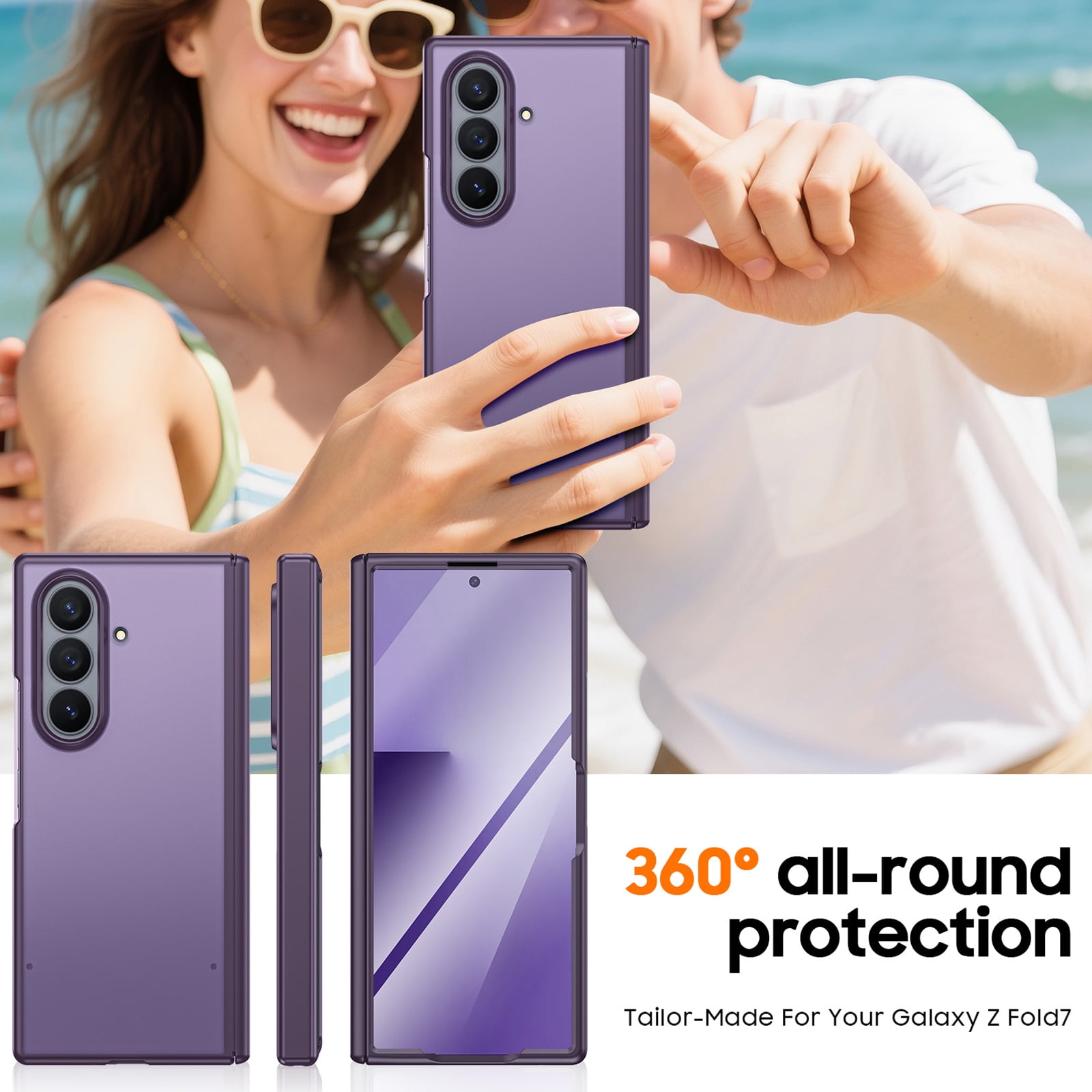 Vizvera for Samsung Galaxy Z Fold 7 Case with Hinge Protection,Screen Protector,Ultra-Thin Skin Feel Translucent Frosted,Wireless Charging,Shockproof Cover-Purple