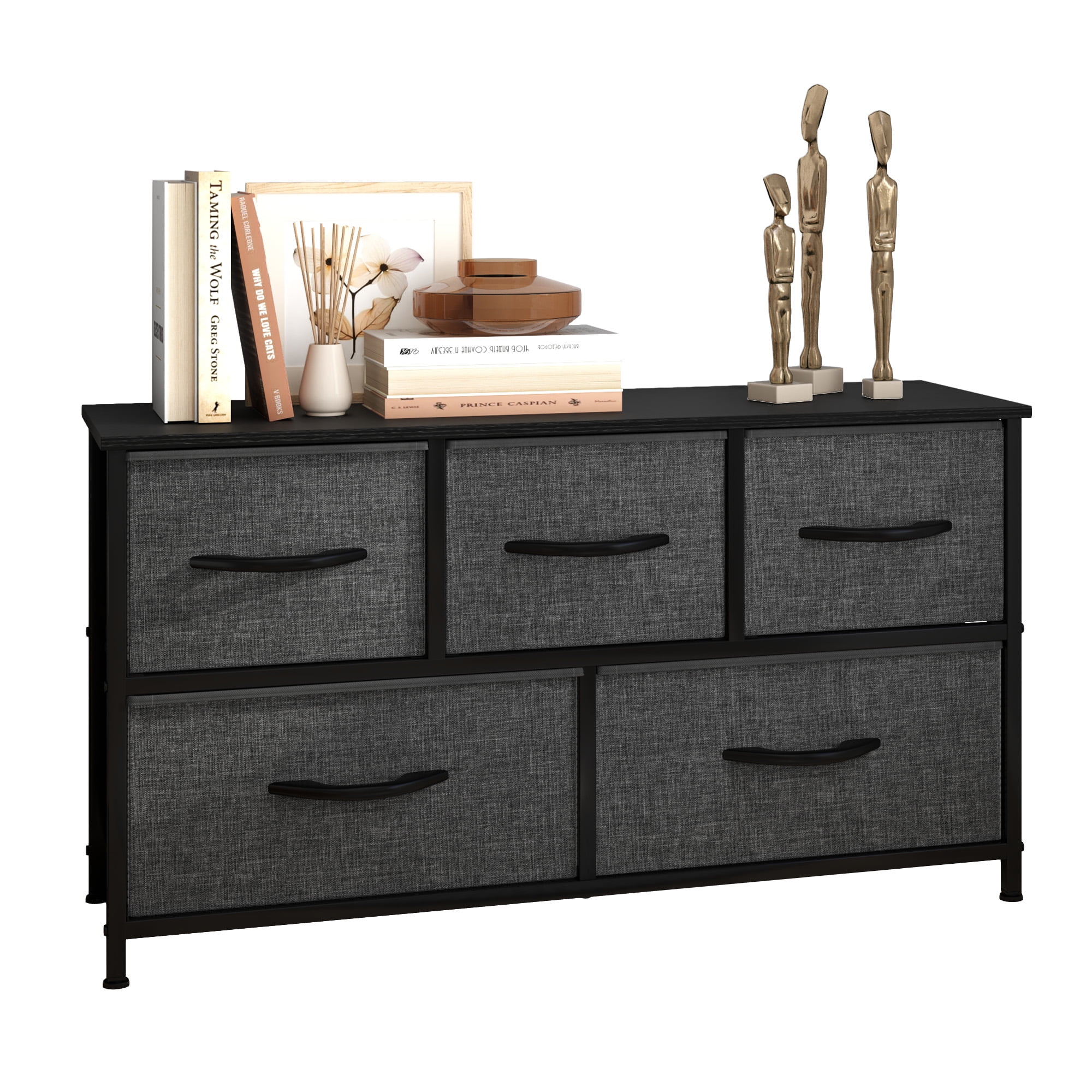 Uforic Wide 5 Drawer Storage Organizer Wooden Top Shelf for Closets, Black Grey