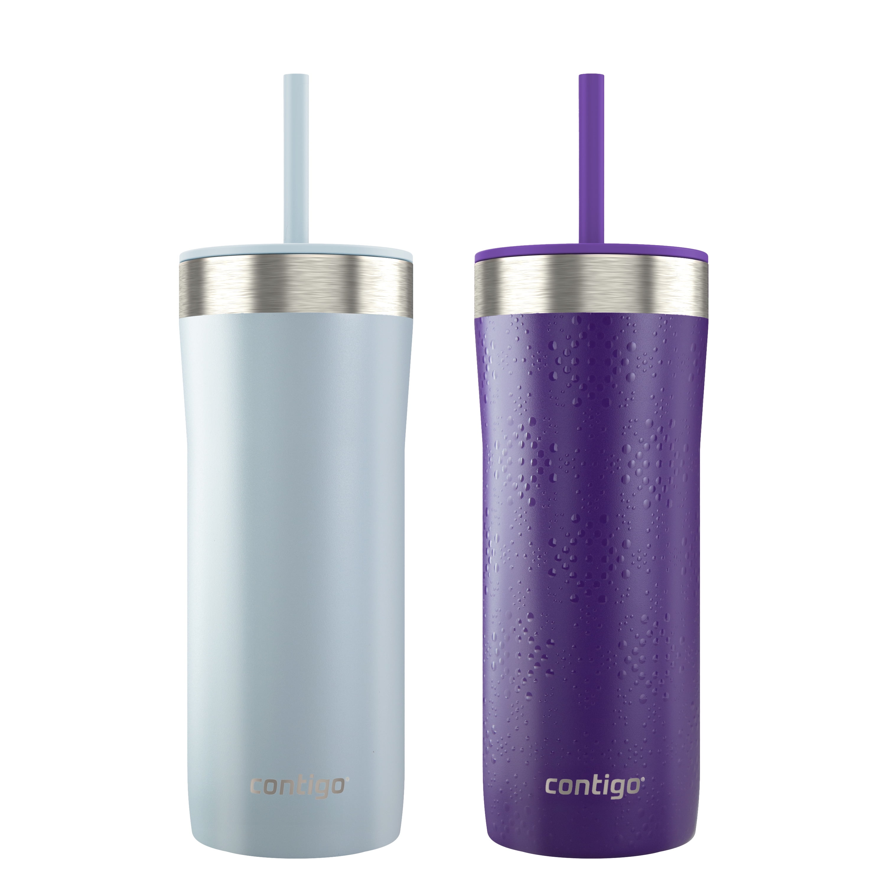 Contigo Streeterville Tumbler, Includes Plastic Straw and Splash-Proof Lid, Vacuum-Insulated, Stainless Steel, 24 oz (709 ml), Light Stone & Violet Dots, 2 Pack, BPA-Free