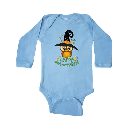 

Inktastic Happy Owl-o-Ween- Cute Halloween Owl in Witch Hat Gift Baby Boy or Baby Girl Long Sleeve Bodysuit