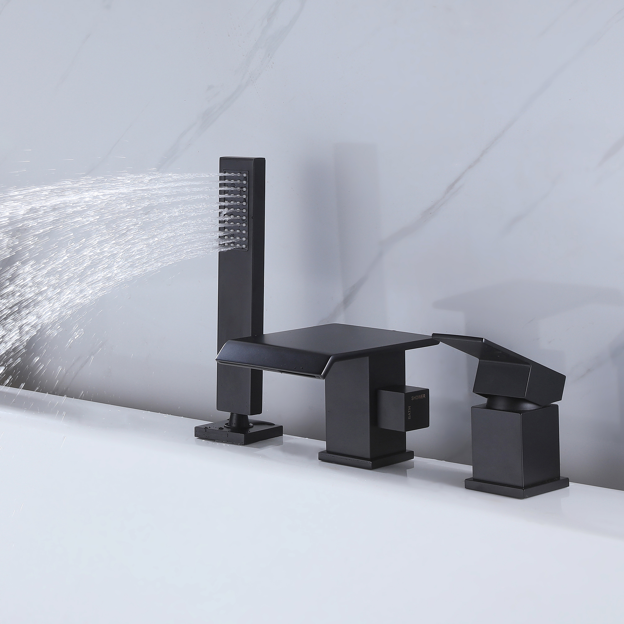Three Holes Deck Mounted Roman Bathtub Faucet with Hand Shower, Widespread Waterfall Tub Filler