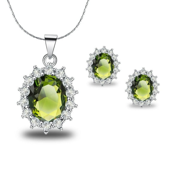 Paris Jewelry 18K White Gold Created Peridot 3 Ct Oval Necklace & Earrings Set Plated 18 inch Women