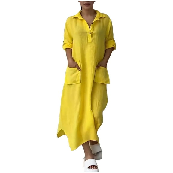 XuJwPNcy Cotton Linen Dresses for Women Fall Casual Long Sleeve V Neck Button up Loose Flowy Maxi Dresses with Pockets