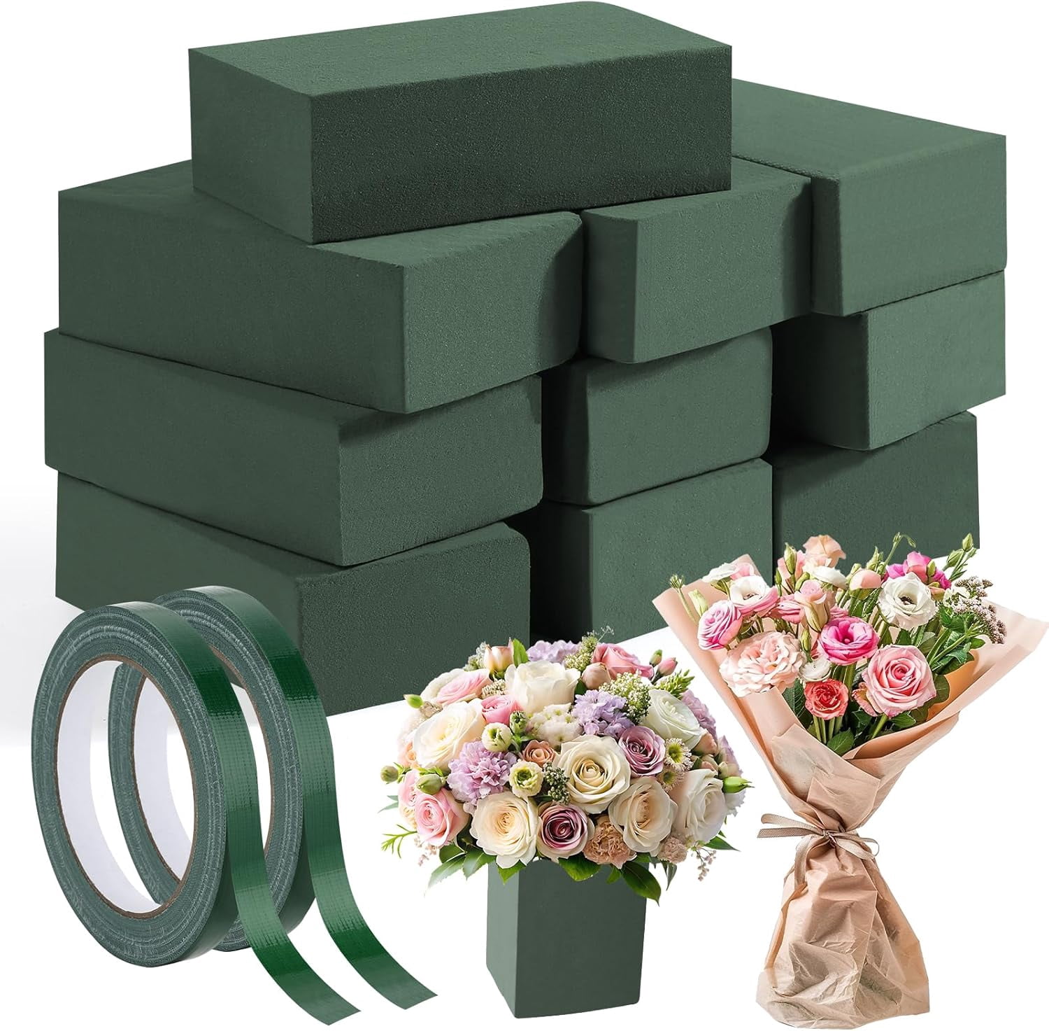 10 Pcs Small Floral Foam Blocks 5.5” x 3.1” x 1.7”, with 2 Rolls Waterproof Floral Tape - 12mm x 65.62ft, for Fresh or Artificial Flower Arrangements, DIY Wedding, Home Decor, and Crafts