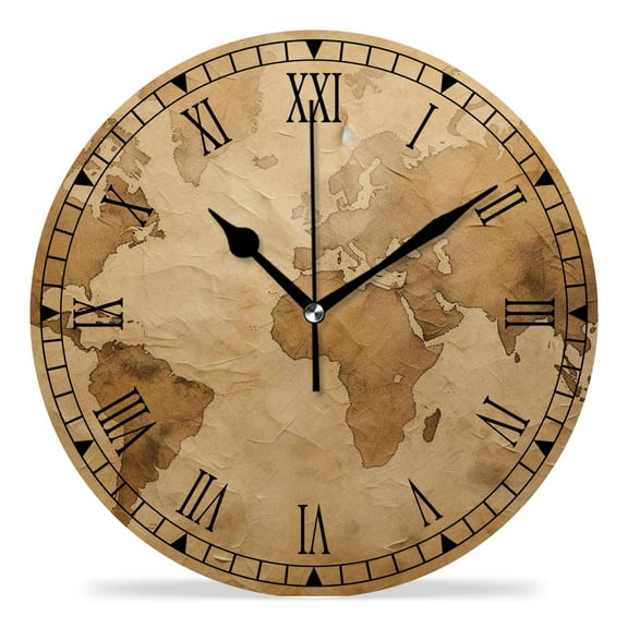 erolrail Rustic Wall Clock,Silent Non Ticking Wall Clocks for Living Room,Bedroom,Kitchen 12IN World Map Drawing