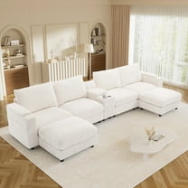 Willayok 153" Oversized U-Shaped Cloud Couch Sectional with Modular Design for Living Room: Comfy Corduroy, Ottoman, USB Port, Cup Holder, Armrest Storage, Side Pocket, Beige White