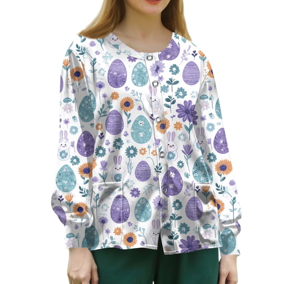Easter Womens Scrubs Jacket Spring Funny Bunny Pattern Long Sleeve Scrub Jackets Nursing Uniform Shirts with Pockets