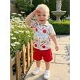 thumbnail image 4 of BemeyourBBs Toddler Baby Boys Back to School Outfit Kids Kindergarten Outfits Baby Boy Summer Clothes Stationery Apple Print Collar Short Sleeve Button Down Shirt Tops and Pockets Shorts Set, 4 of 9