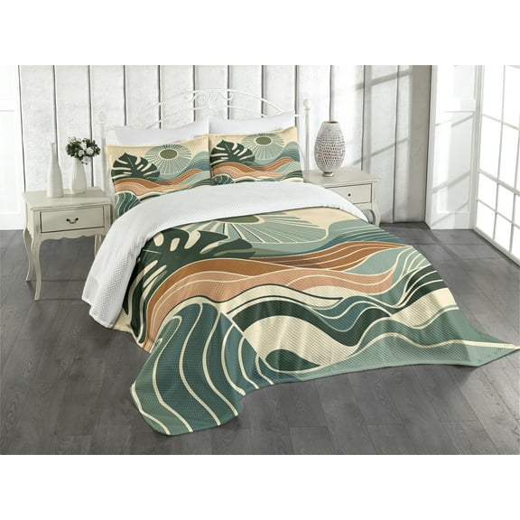 Ambesonne Monstera Quilted Bedspread Set 3 Pcs, Abstract Landscape Boho, King Size, Evergreen Pale Seafoam