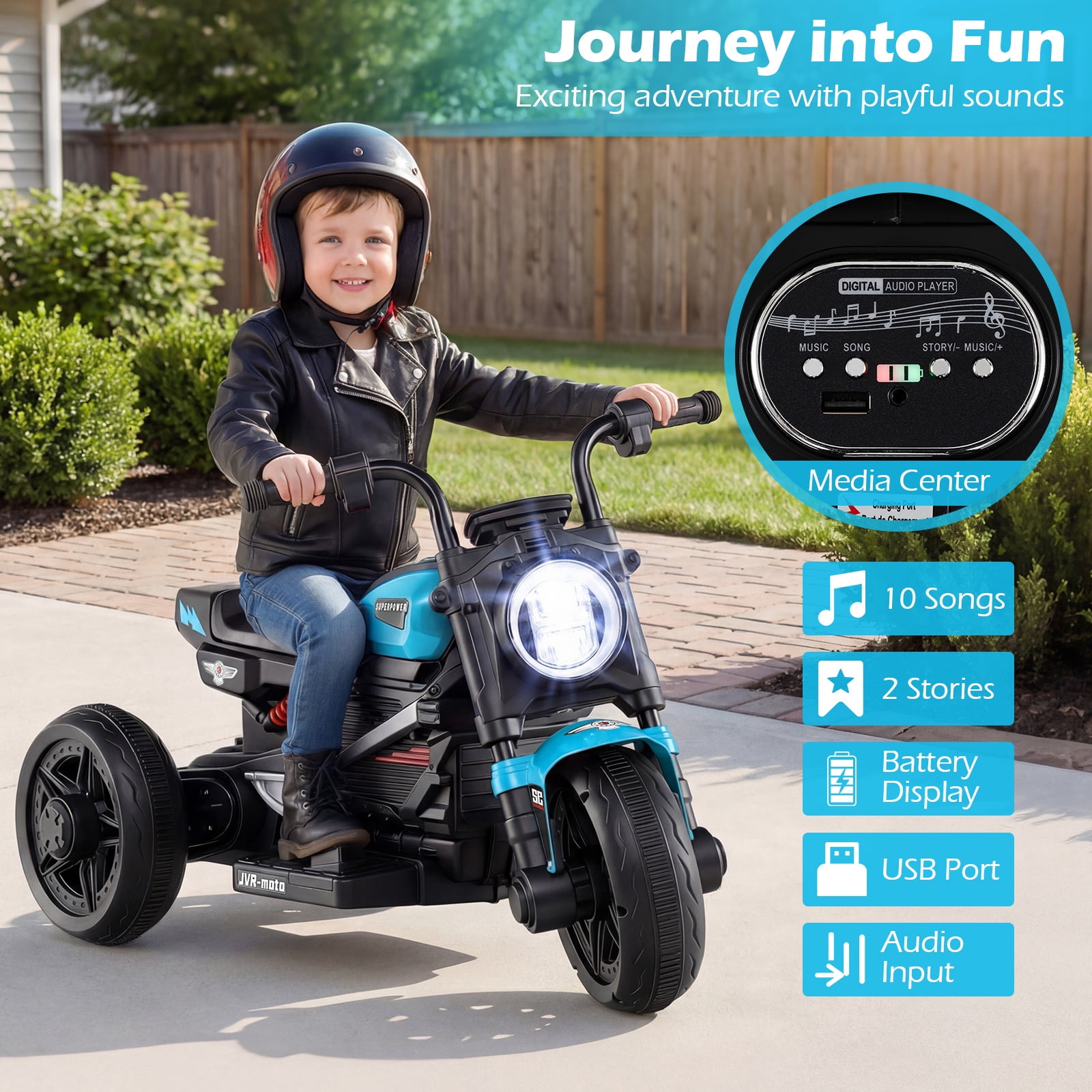 Costway 6V Kids Motorcycle with Song,Story,LED Headlights,Accelerator Pedal & 3 Wheels, Blue & Black