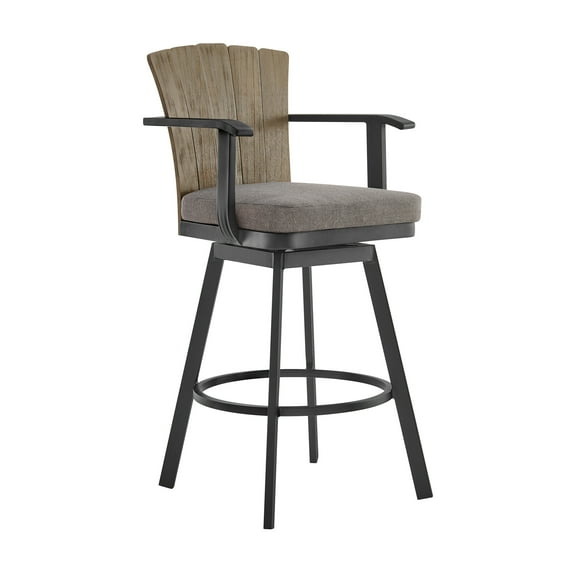 Hazel Outdoor Swivel Counter Stool in Aluminum with Teak Wood & Charcoal Cushion