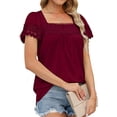 thumbnail image 3 of Blusa elegante color vino tinto, manga corta, holgada y con ribete de encaje para mujer, 3 of 6