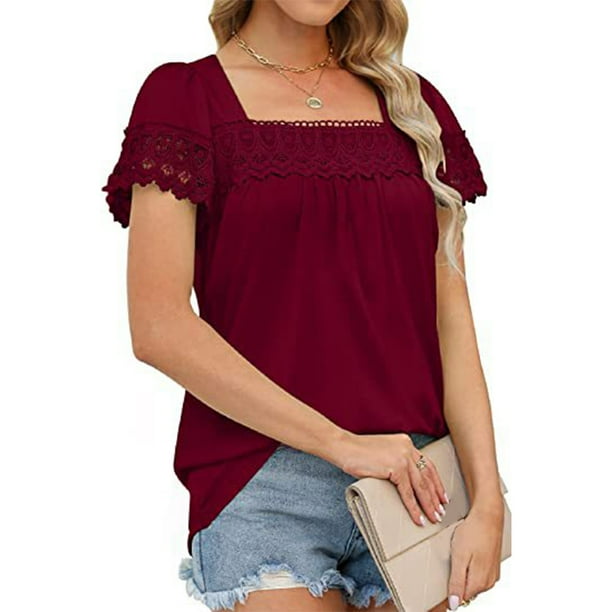 Camiseta informal para mujer, camiseta de manga corta con costura de encaje, camiseta de color puro para mujer, blusa de manga corta con costura de encaje, probada profesionalmente