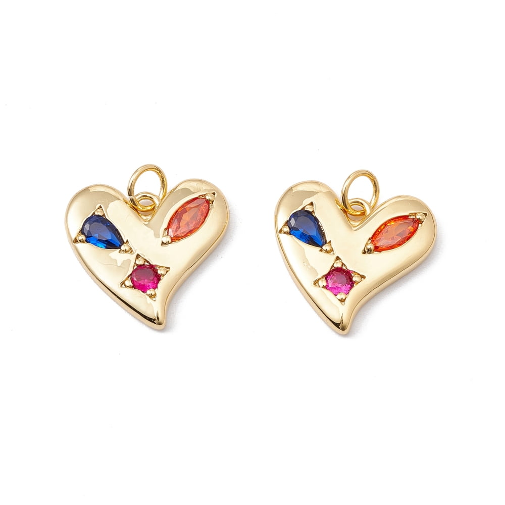 20pcs Rack Plating Brass Micro Pave Colorful Cubic Zirconia Pendants with Jump Ring Cadmium Free & Nickel Free & Lead Free Heart golden 16x17x2mm Jump Ring: 5x0.6mm Inner Diameter: 3.8mm