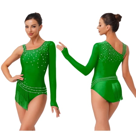 vastwit Gymnastics Leotard for Women Single Long Sleeve Mesh Rhinestones Fringe Bodysuit Dance Performance Green XL