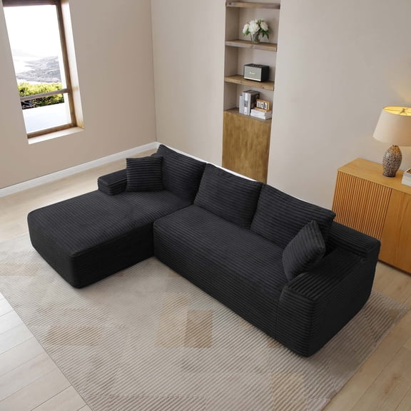 105" L Shaped Modular Sectional Sofa with Throw Pillows, Deep Seat Corduroy Couch for Living Room, No Assembly Required, Black
