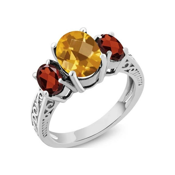 Gem Stone King 925 Sterling Silver Oval Checkerboard Yellow Citrine and Red Garnet 3-Stone Women Ring (2.70 Cttw, Gemstone Birthstone, Available in Size 5, 6, 7, 8, 9)