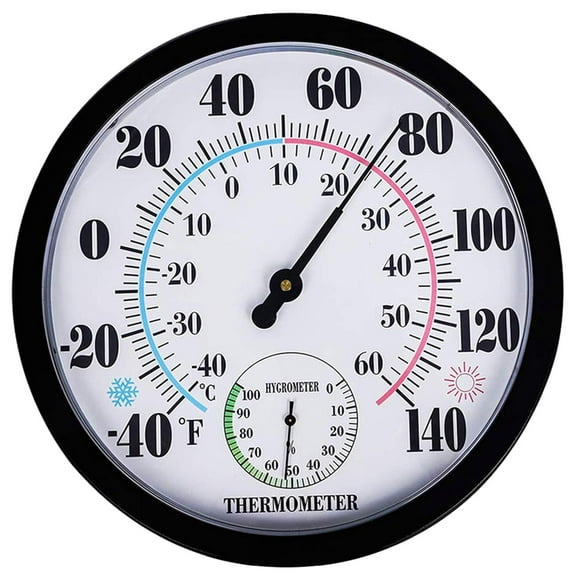 Large Indoor & Outdoor Thermometer Hygrometer - 10in Waterproof Wall Mounted Thermometer, No Batteries Required (Black)
