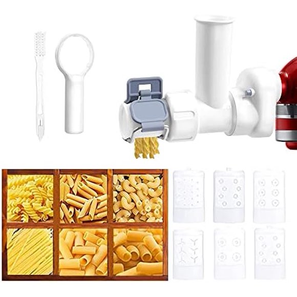 6 in 1 Pasta Attachment Compatible with Kitchenaid Stand Mixer, Pasta Maker Attachment with 6 Pasta Outlet Shapes for Pasta Press, Homemade Fresh Pasta Easily