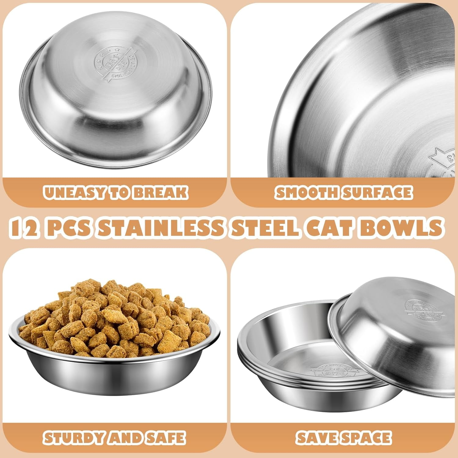 Cat Bowls,12Pcs Stainless Steel Cat Food Bowls,Replacement Whisker Fatigue Relief Cat Bowl,Shallow Cat Food Dish Bulk for Elevated Stand,Dishwasher Safe,for Small Dogs and Cats(5.5 Inch)