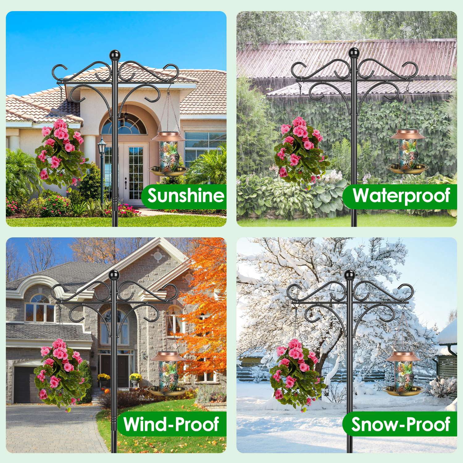 Adjustable Shepherds Hook with 5 Prong Base Dual Sided Hooks Sturdy Iron Garden Hanger for Bird Feeders Lanterns Flower Baskets Black
