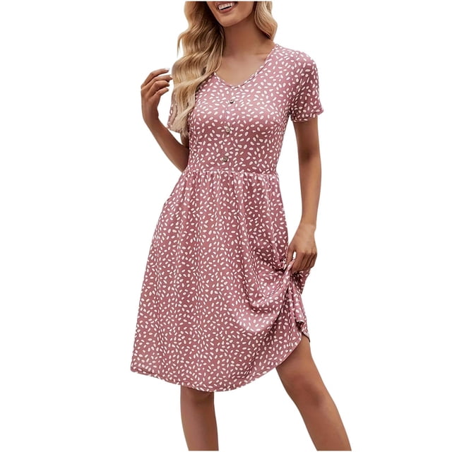 Hyknon Robes pour Femmes Mode Été Nouvelle Couleur Unie Manches Courtes Col en V Ourlet Taille Robe Décontractée Douce Fluide Ample