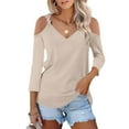 thumbnail image 2 of GigrtiJin Fall cold Shoulder V-Neck Tops 3/4 Sleeve Pullover Solid Color Shirts Casual Going out Fashion Blouses, 2 of 7
