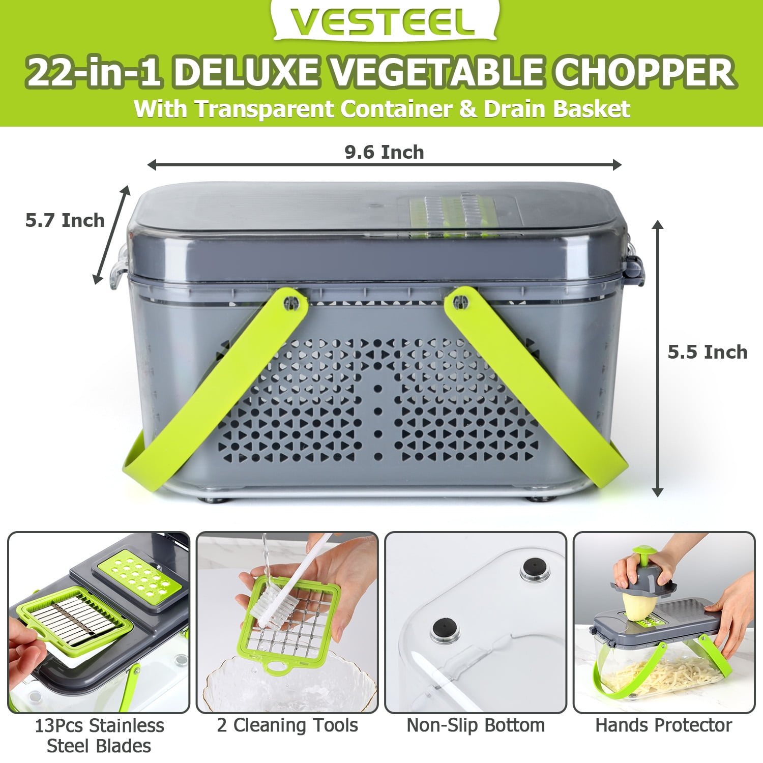 Vesteel 22 in 1 Vegetable Chopper, Multifunctional Onion Chopper Food Cutter Dicer Mandolin Slicer with Container and Colander Drain Basket - 13 Stainless Steel Blades