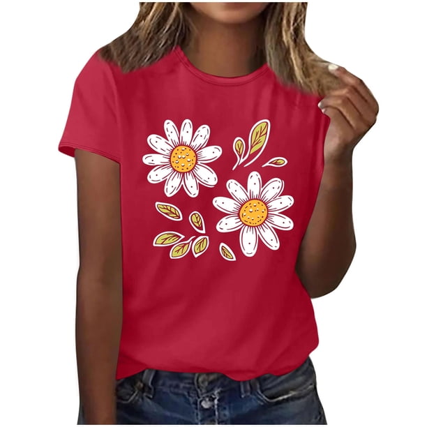 Camisas de Manga Corta para las Mujeres Moda Casual Impresión Cuello Redondo Suéter Tee Blusas