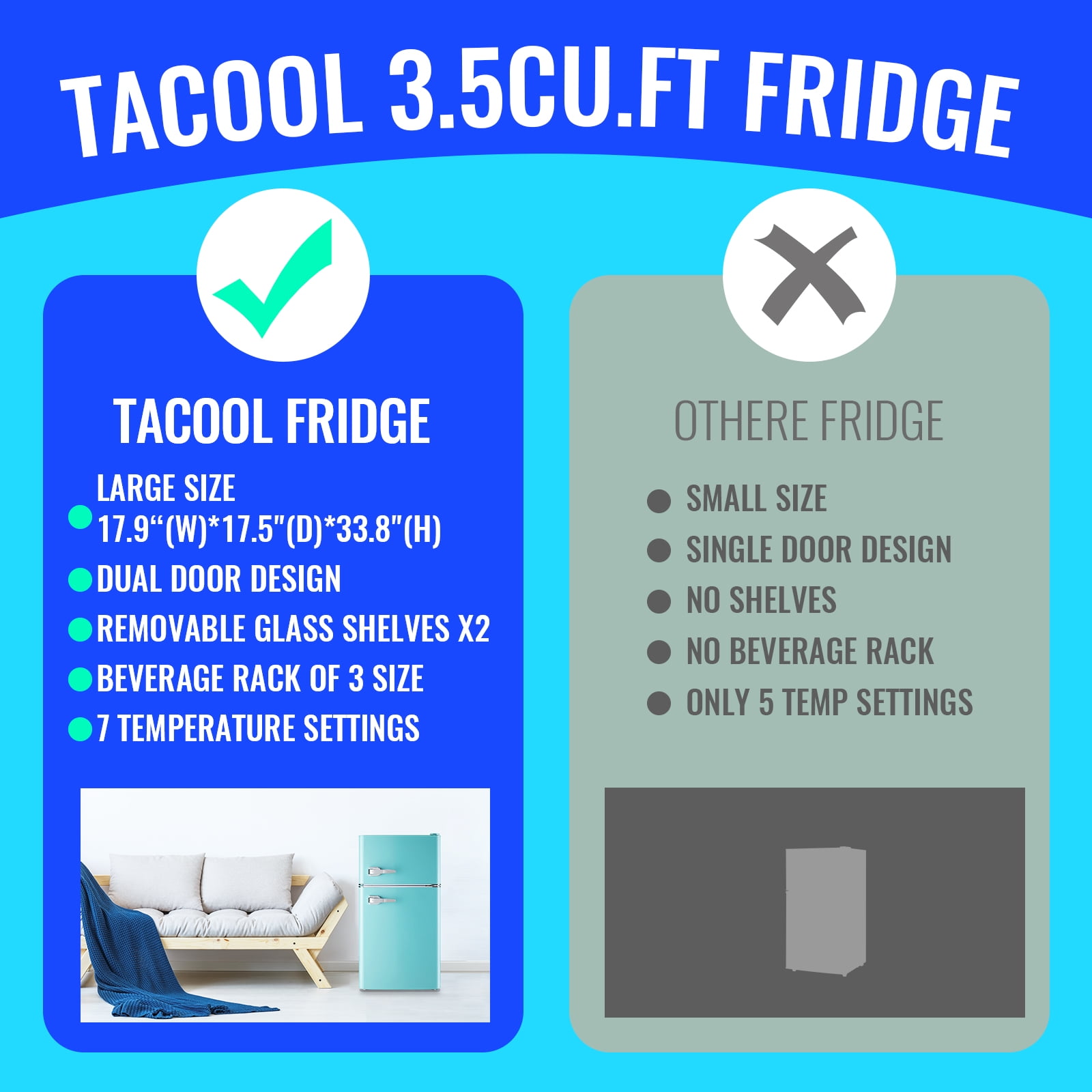 Tacool 3.5 Cu.ft Retro Mini Fridge with Freezer, 2 Door Small Refrigerator with 7 Adjustable Thermostat for Home, Blue
