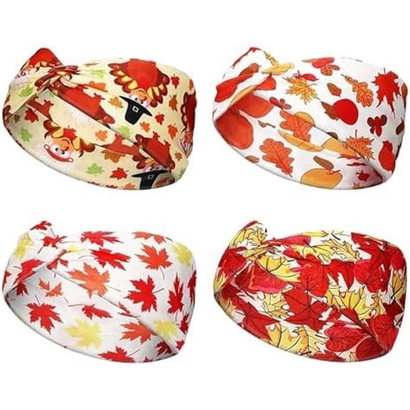 4 count Fall Headbands for Women - Thanksgiving Day Turkey Leaves Wide Knot Holiday Hair Bands, Autumn Hair Accessories (Maple)