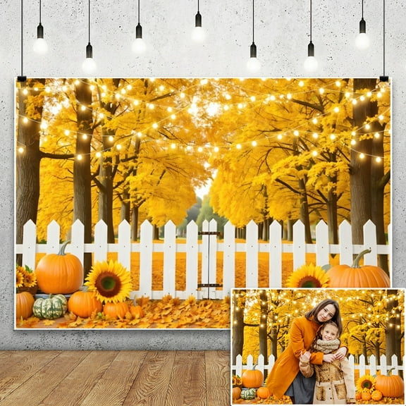 SUNOLIFE Fall Forest Backdrop Banner Autumn Thanksgiving Pumpkins Photo Background Banners 7x5ft