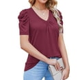 thumbnail image 3 of DYMADE Womens Summer Breathable Short Sleeve Puff Sleeve V-Neck Shirring Solid Basic T-Shirt, 3 of 4