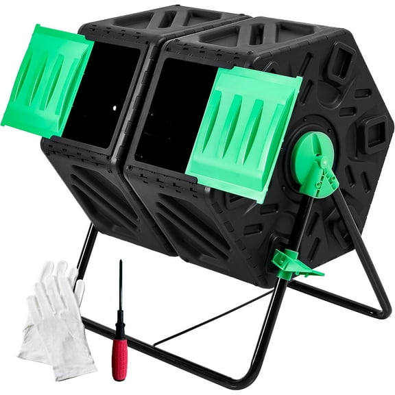 HYJY Large Outdoor Dual Chamber Compost Bin, 37 Gallon Rotating Composter Tumbling with 2 Sliding Doors and Aeration System, Garden Compost Tumbler (2x18.5 Gallon,Green)