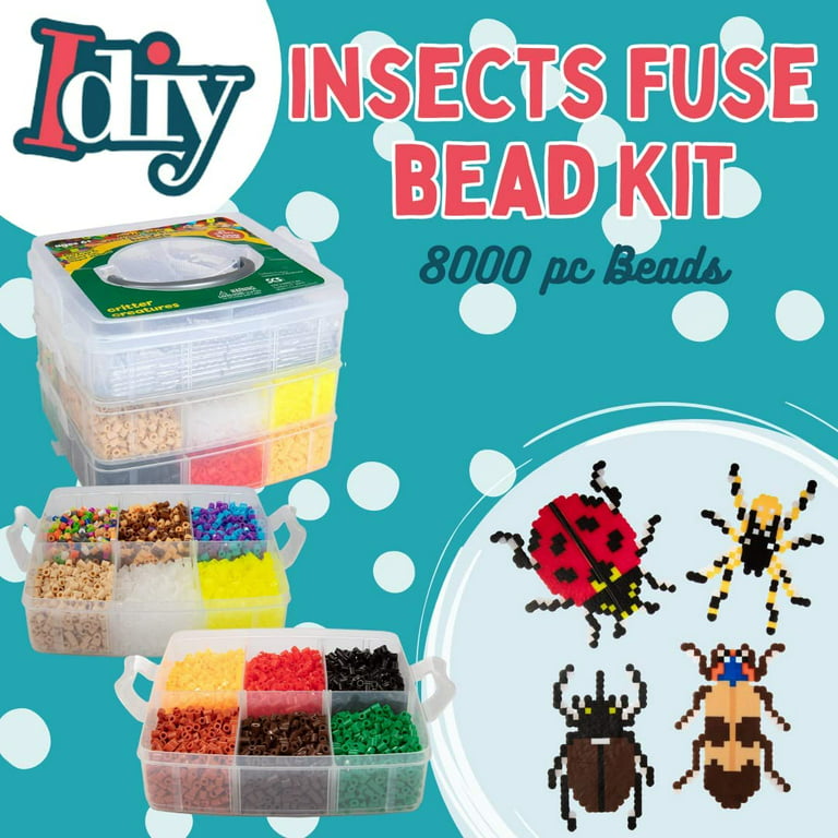 8,000pc DIY Fuse Bead Kit W Carrying Case - Bugs and Insects - 21 Colors, 12 Unique Templates, 4 Peg Boards, Tweezers, Ironing Paper - Works W