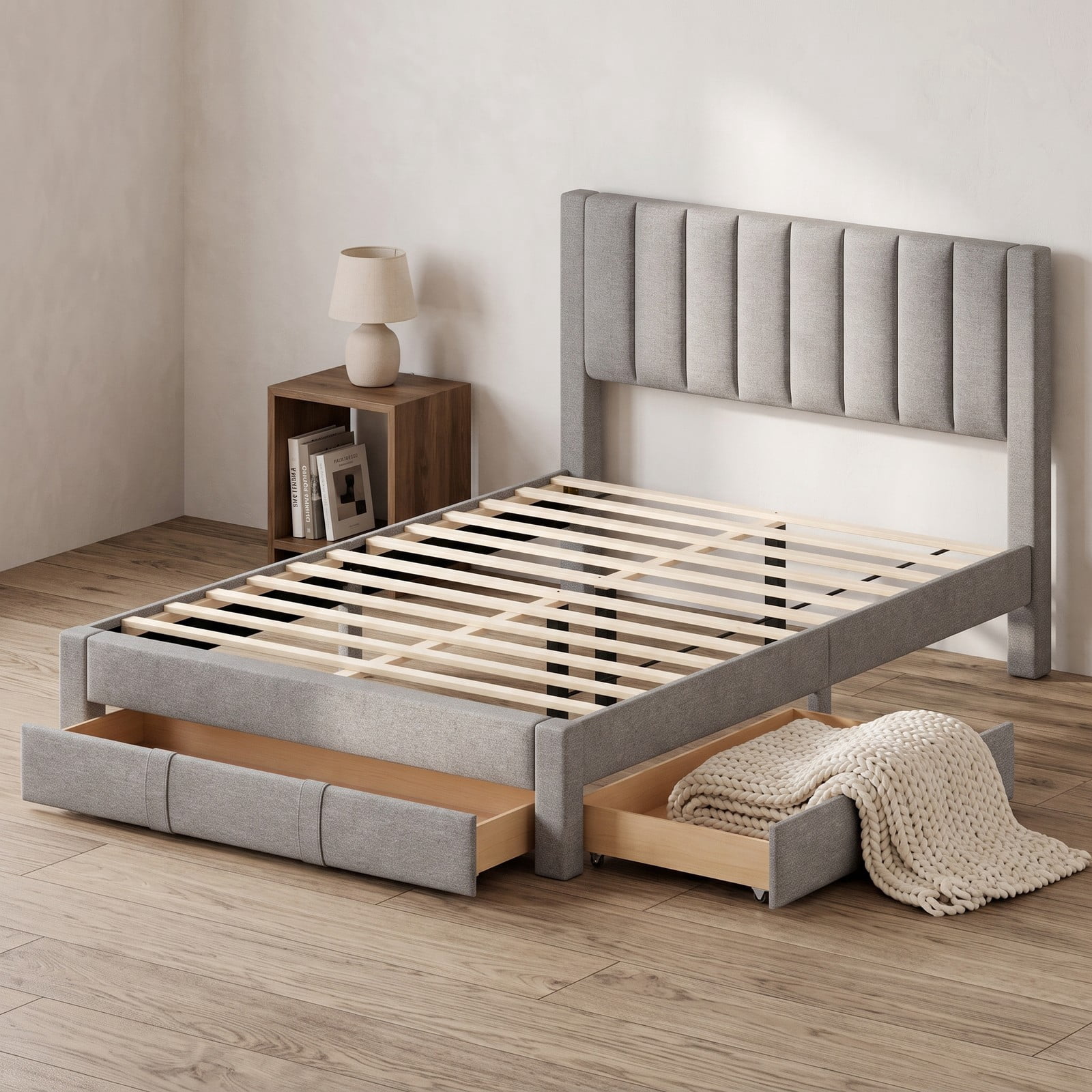 Furnibear Queen Size Upholstered Bed Frame with Wingback Headboard, Storage Bed Frame with Drawer, Queen Platform Bed Frame for Bedroom, Gray