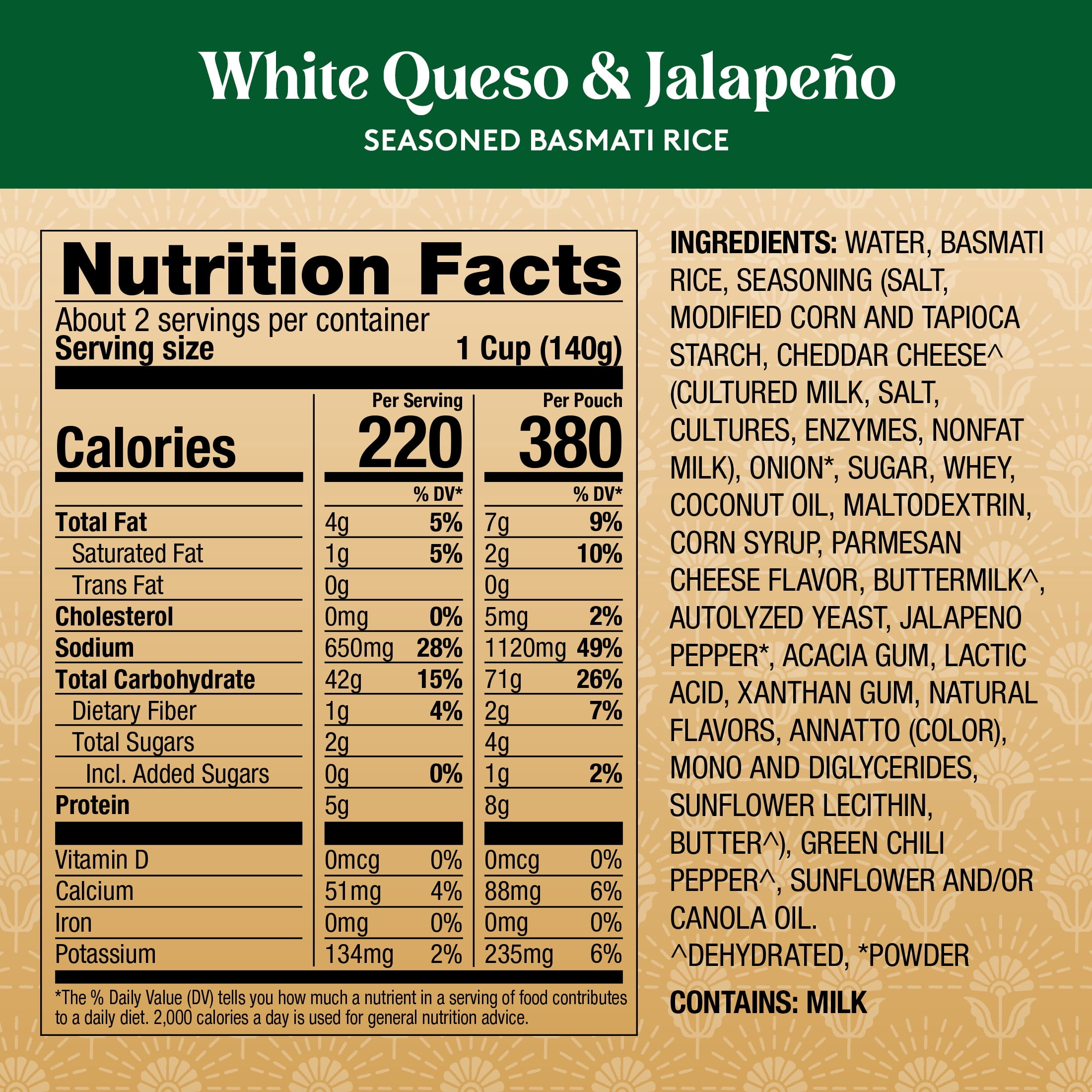 (2 pack) Royal White Queso & Jalapeno Basmati Rice - Ready to Heat Basmati Rice - 8.5 oz Microwaveable Pouch