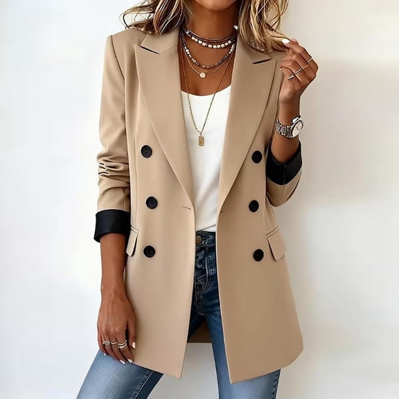 gbyLJF Double Breasted Blazer for Women Long Sleeve Notched Lapel Office Suit Jackets Business Casual Mid-length Coats Workwear