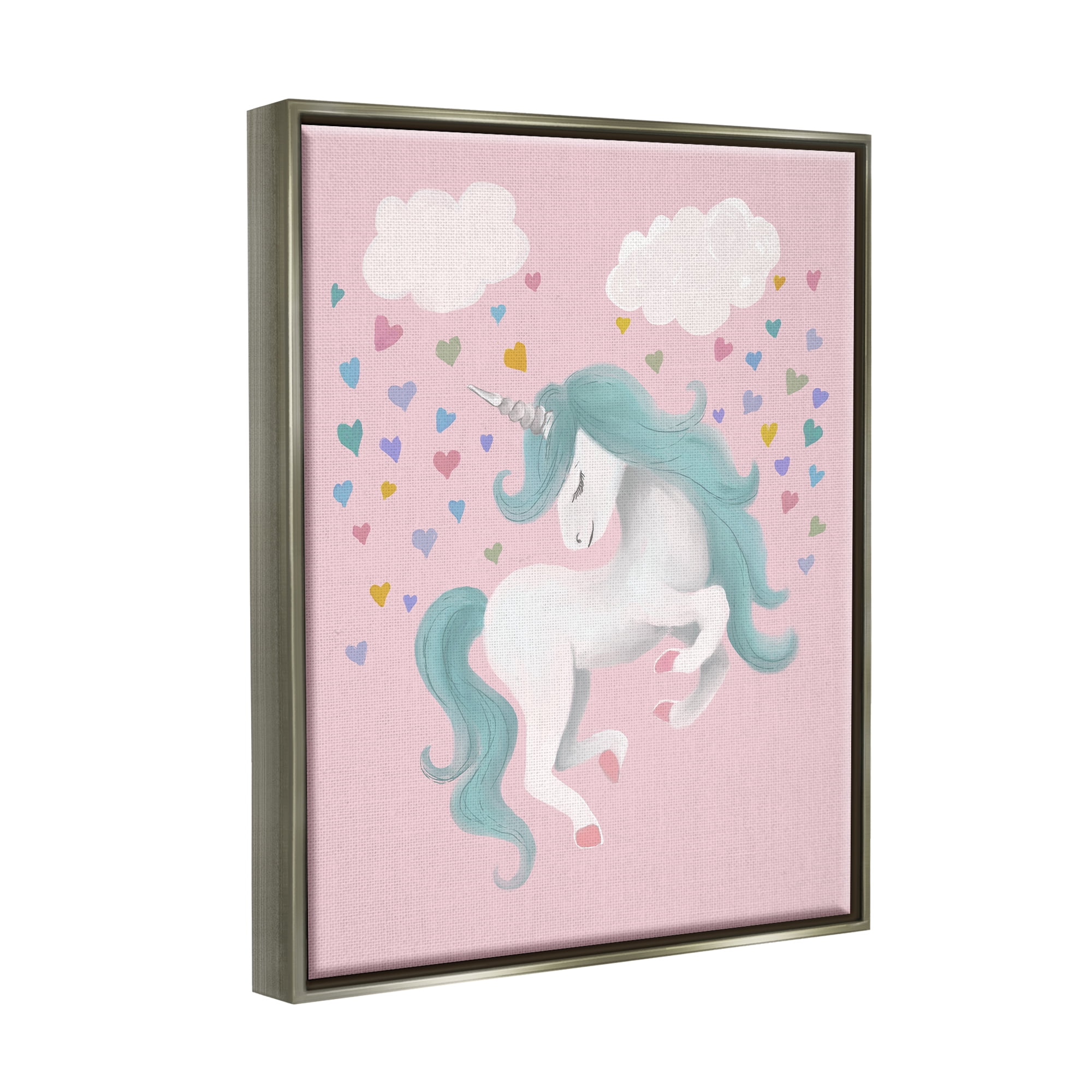 Stupell Pink Pastel Unicorn Clouds Fairy Tales & Fantasy Painting Gray Floater Framed Art Print Wall Art