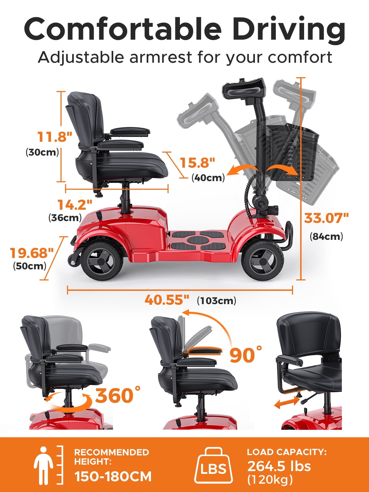 ENGWE 4 Wheels Mobility Scooter for Seniors & Adults , Electric Foldable Mobility Scooter with Rotating Chair Basket Headlights Folding Wheelchair for Short Travel ,Red