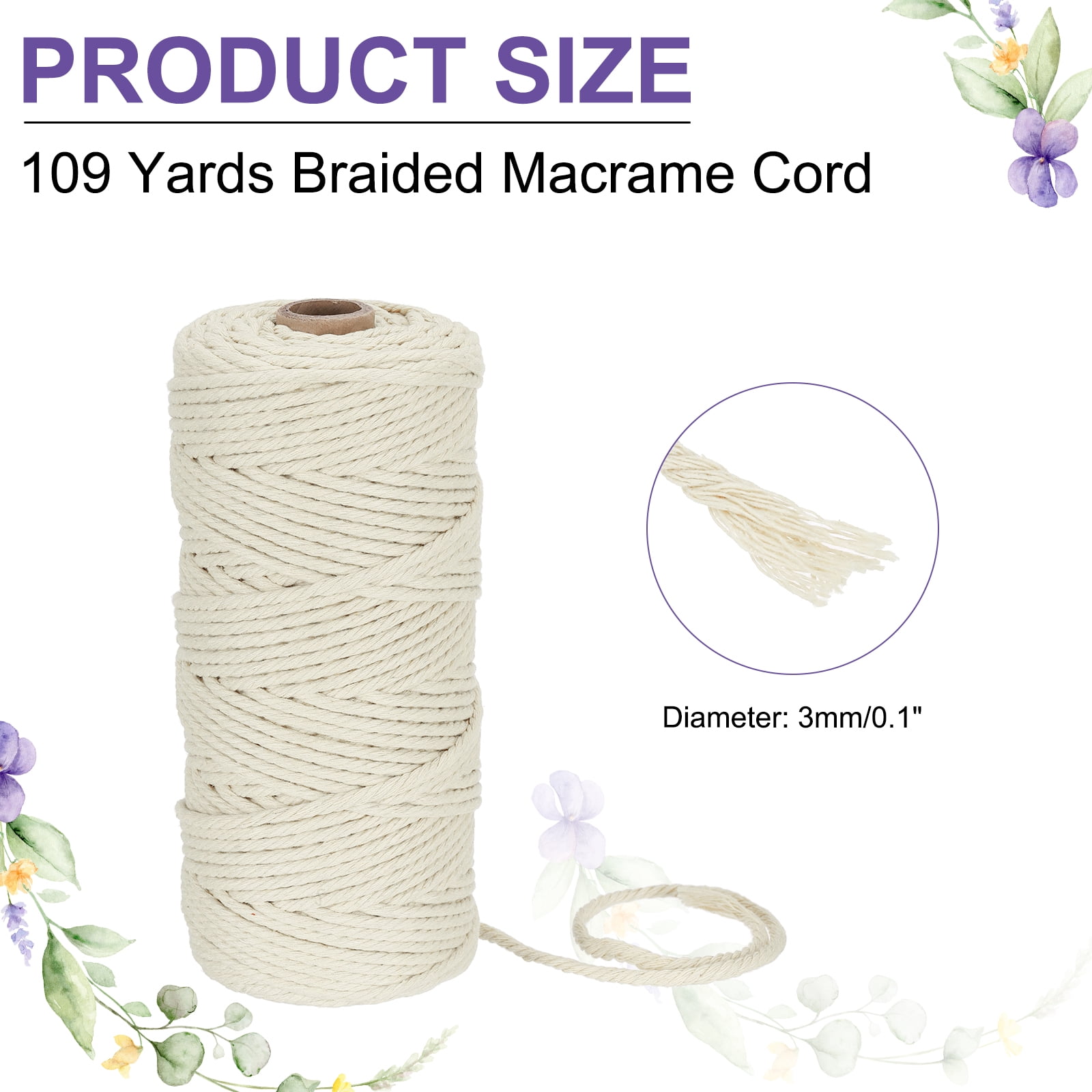 Braided Macrame Cord, 3mm x 109 Yards Natural Cotton Rope Macrame Yarn Bohemia Craft String with Scissors(Light Yellow)