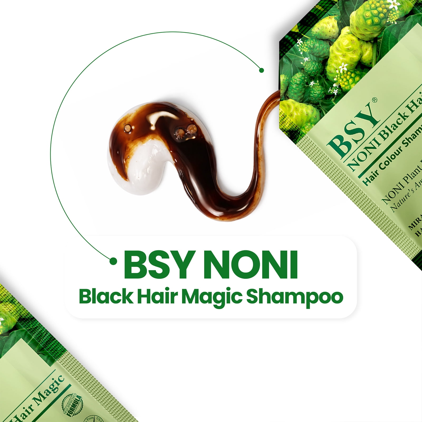 BSY Noni Black Hair Magic Hair color shampoo (12ml x 10 Sachets), Ammonia Free Hair Color Shampoo for men|Natural Black Permanent Hair Dye Shampoo for women, Noni Fruit Hair Dye, 5 Minutes HairColour