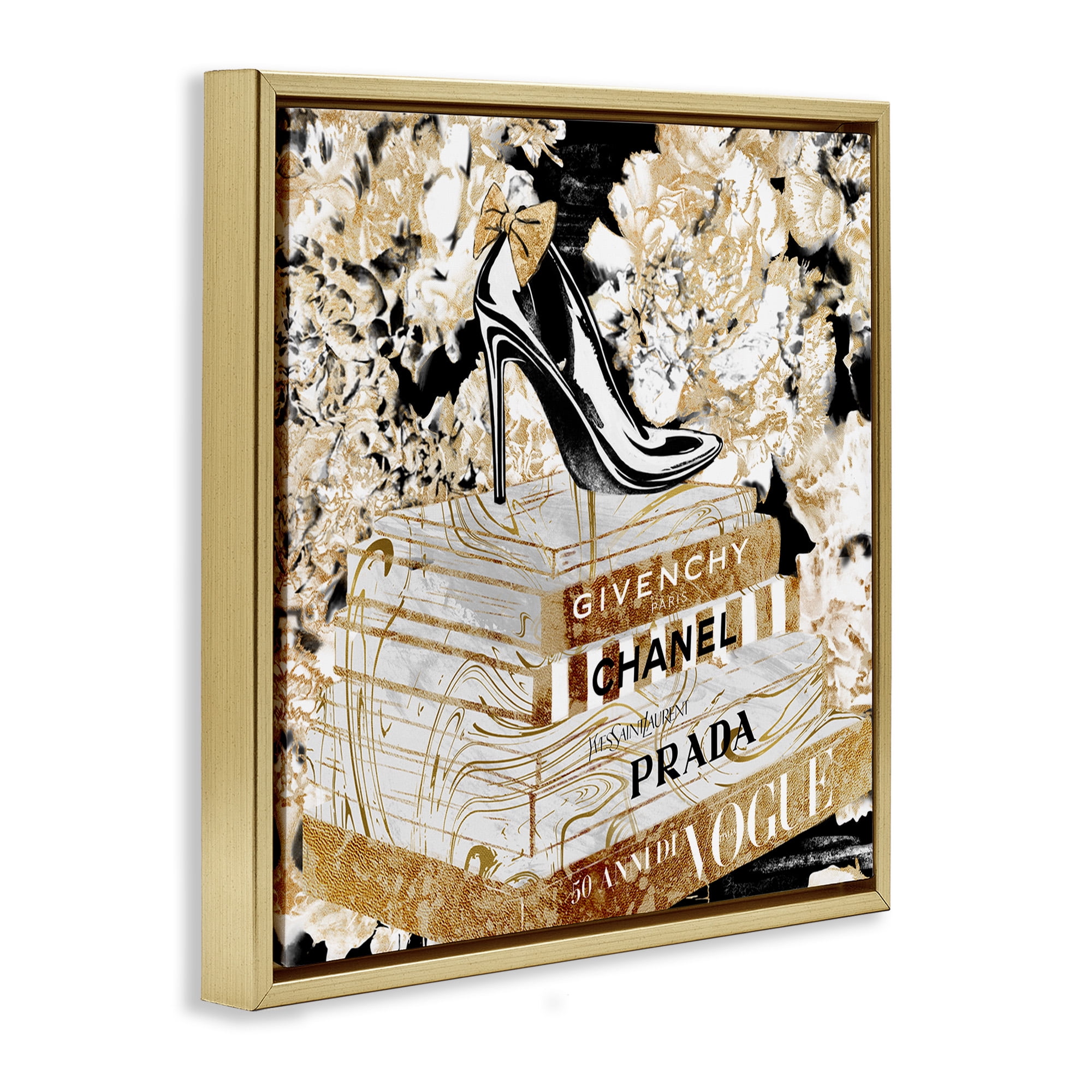 Stupell Industries Designer Fashion Heels & Books Beauty & Fashion Painting Gold Floater Framed Canvas Art Print Wall Art, 25 x 25
