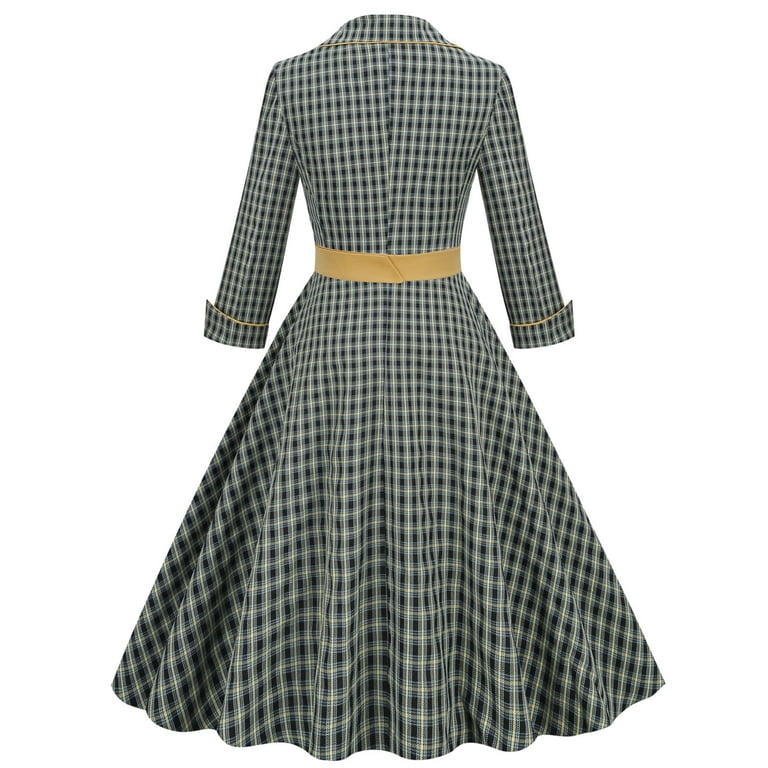Women's Vintage Long Sleeve Dress 1940s Slim Lapel Flare Dress Elegant  Plaid Print Elegant A-Line Dress - Walmart.com