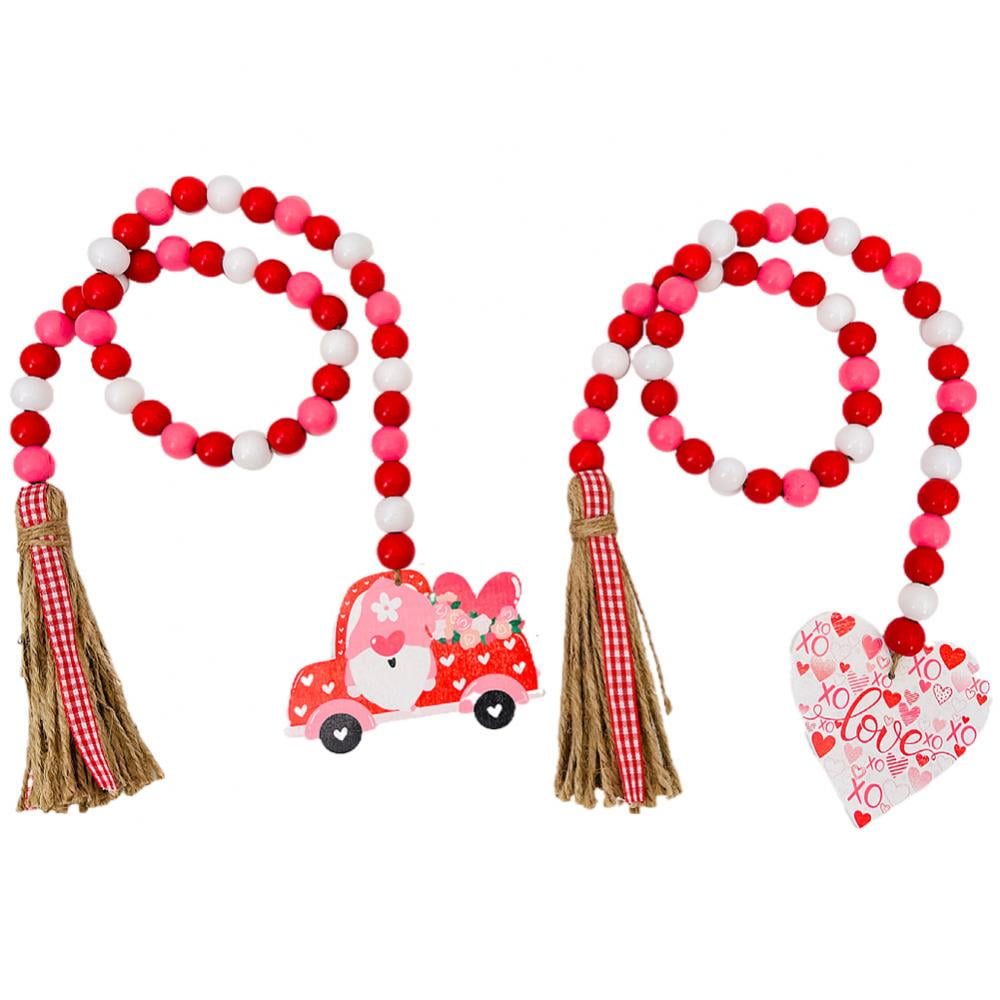 2Pieces Valentine's Day Wood Bead Garlands with Tassels Hanging Wooden
